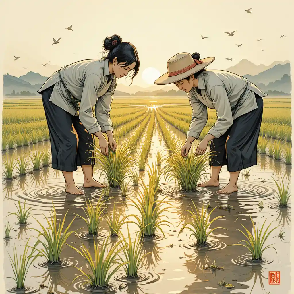 兩位中國女性在積水稻田中插秧
