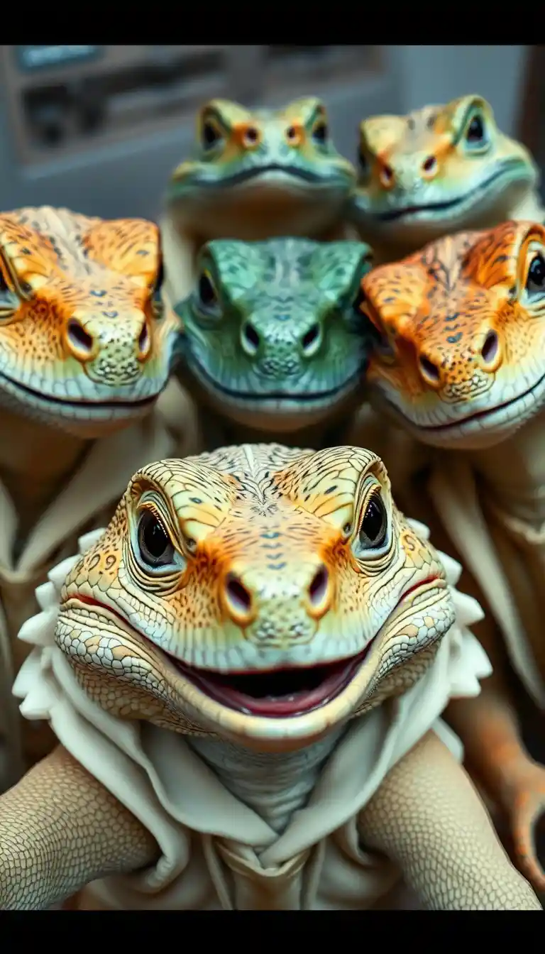 Seres reptilianos sonrientes se reúnen para un selfie en primer plano con túnicas blancas