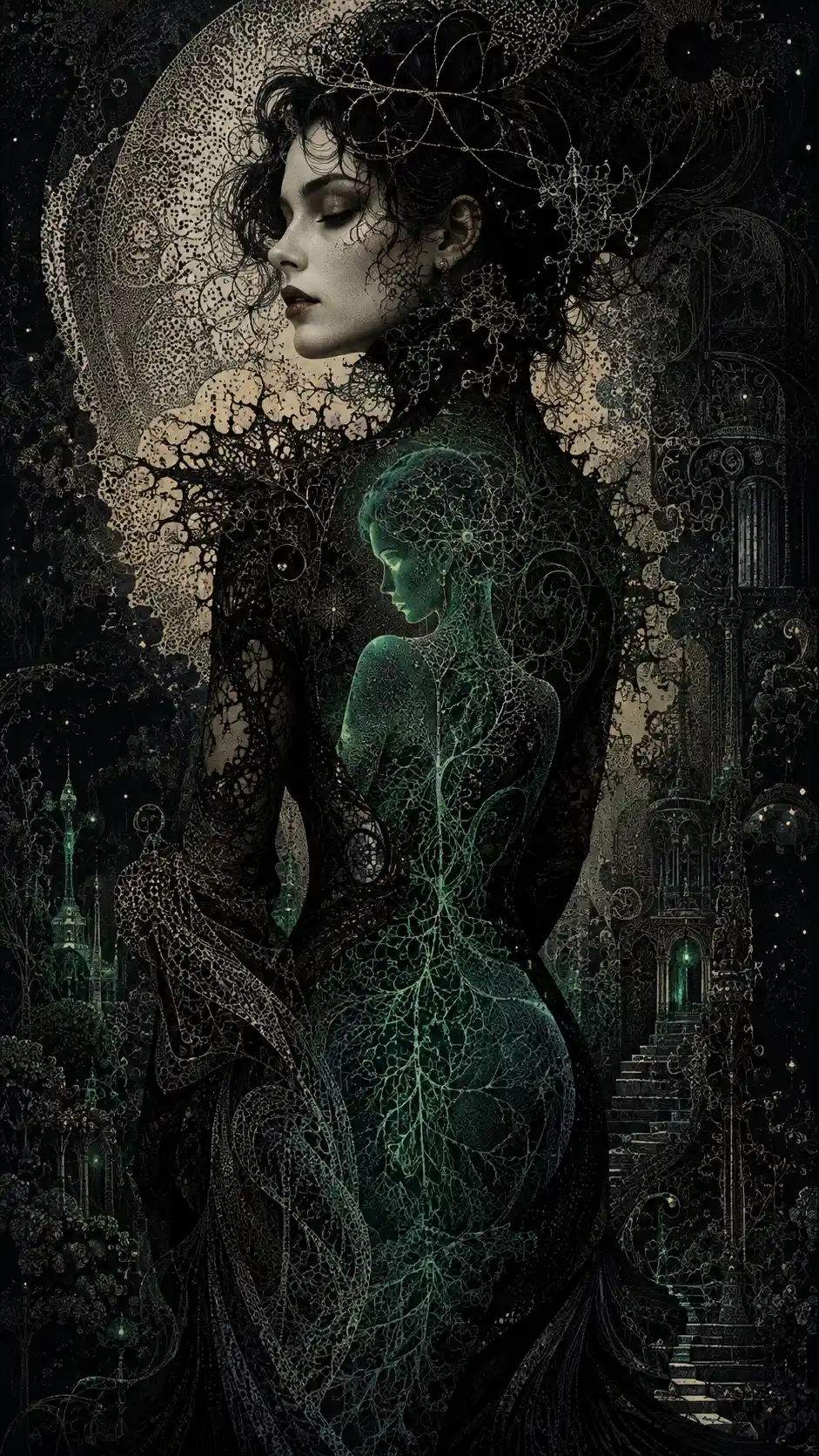 Uma mulher de cabelos escuros com um vestido preto escultural esconde uma figura espectral