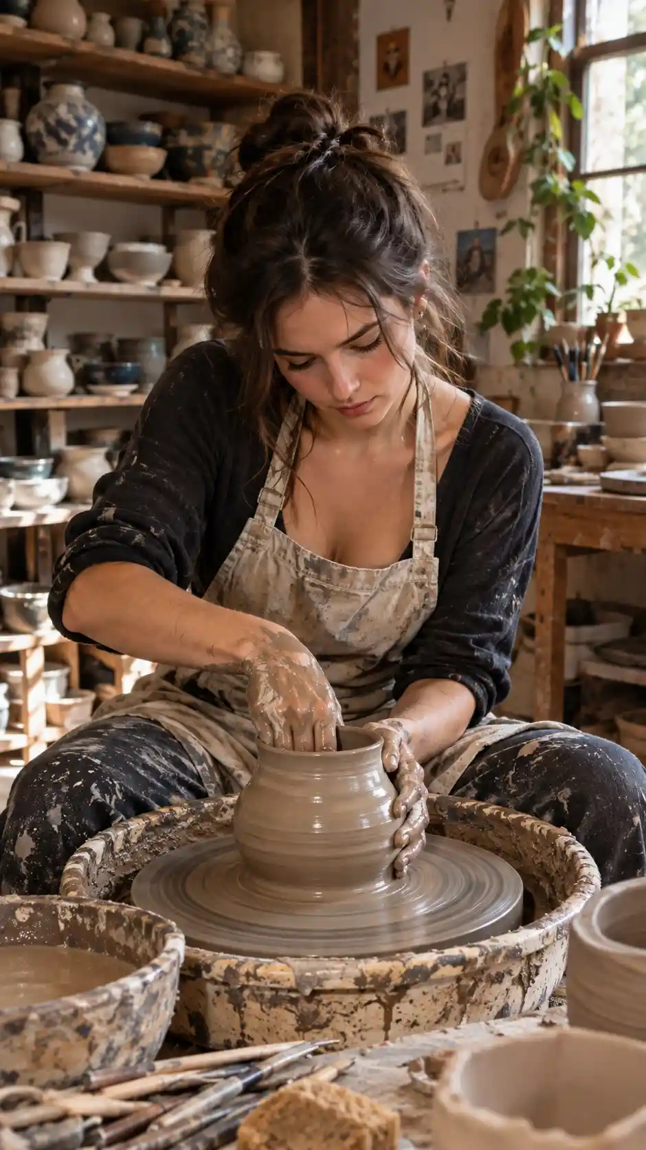 Uma artesã da cerâmica molda um pote de barro em seu ateliê