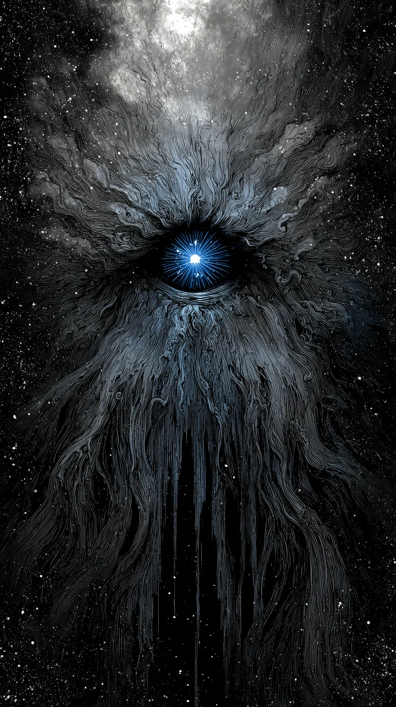 Um ser celestial esquelético com um olho azul flamejante na escuridão