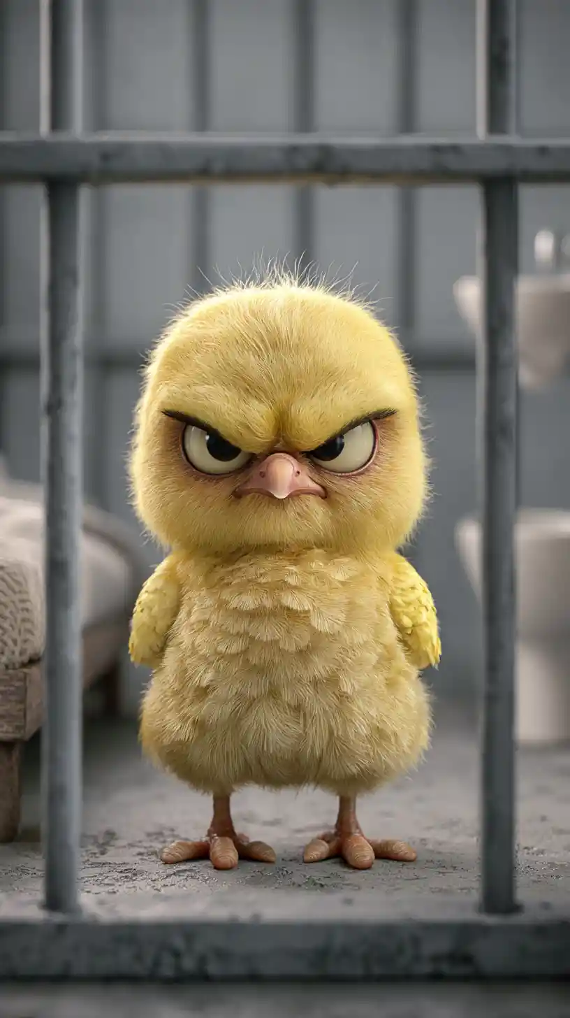 A yellow chick locked inside a cell with a bed, toilet, and sink