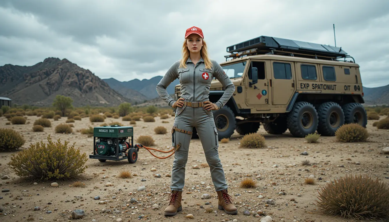A Determined Young Woman Stands Beside an Expedition Vehicle in Rocky Terrain
