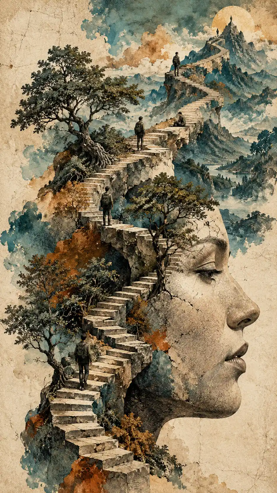 Uma escadaria surreal serpenteia por um rosto até montanhas distantes