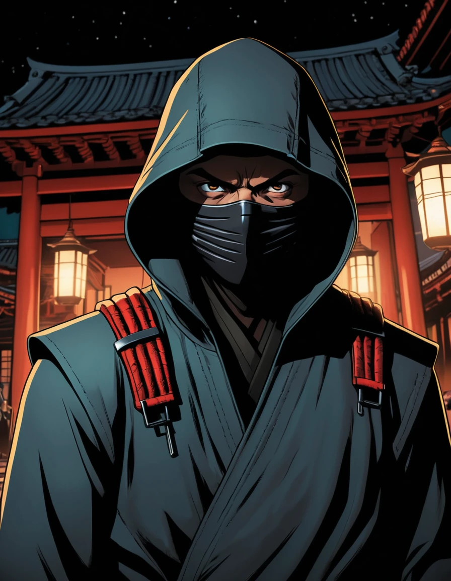 Um ninja mascarado está sob o luar no pátio de um pagode