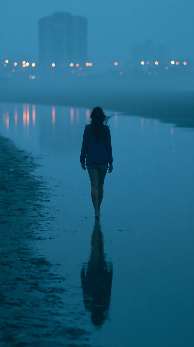 Eine Frau spaziert am Strand, während die winterliche Abenddämmerung hereinbricht