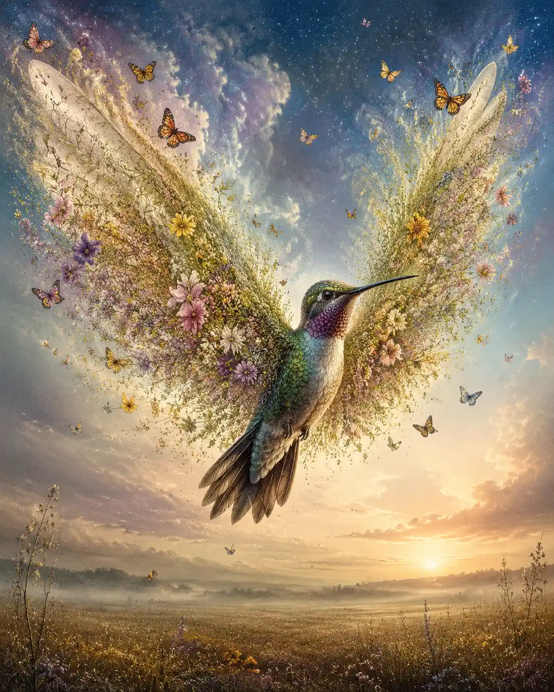 Um beija-flor paira sobre um campo vazio com asas floridas