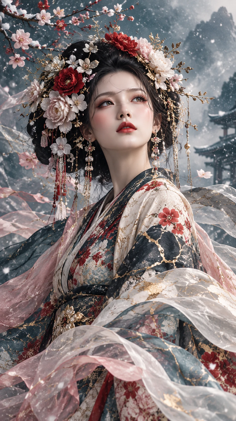 A Japanese Woman in a Flowing Kimono Amid Drifting Winter Snow