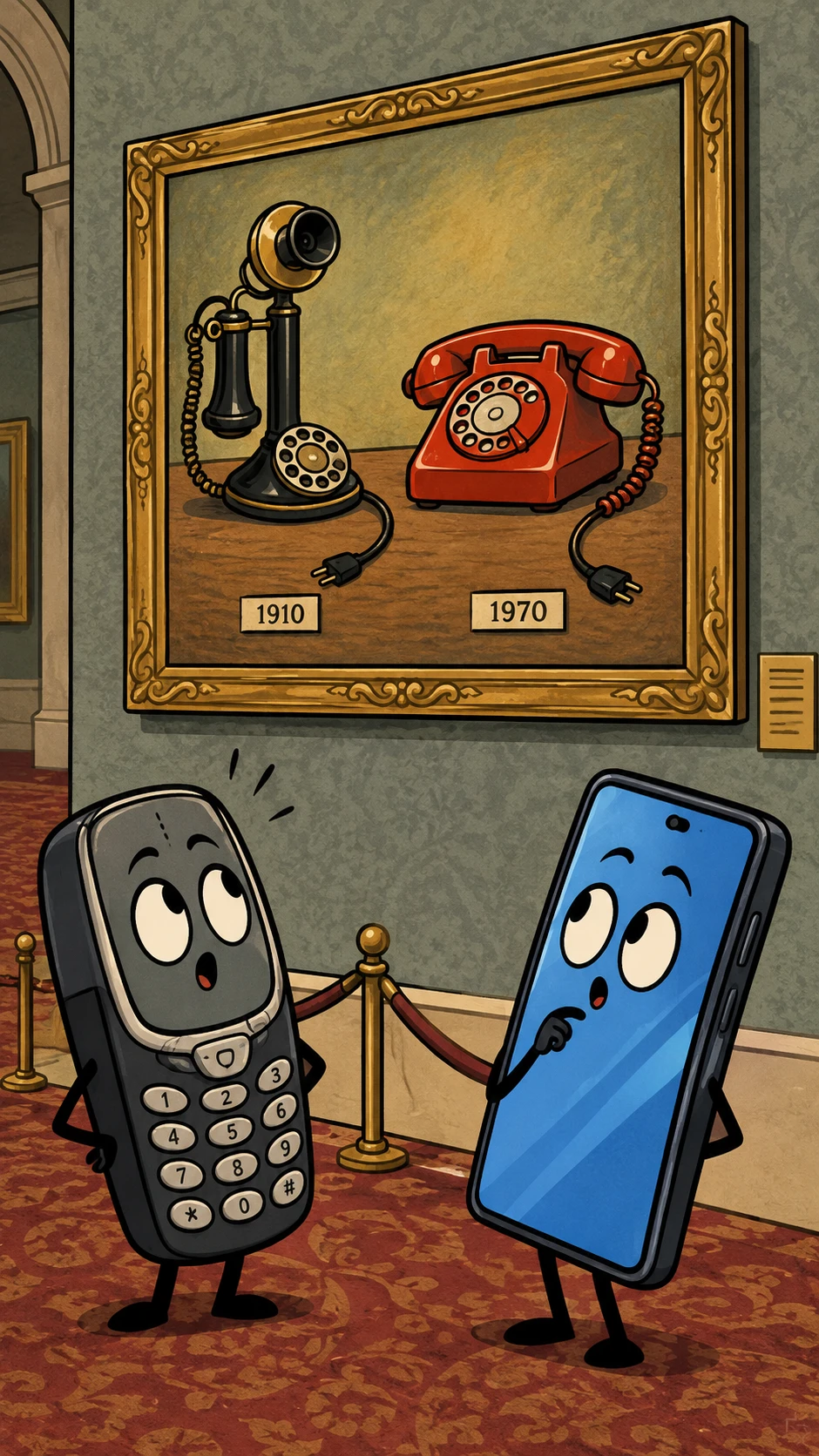 Due telefoni antropomorfi osservano un'opera incorniciata in una sala di museo