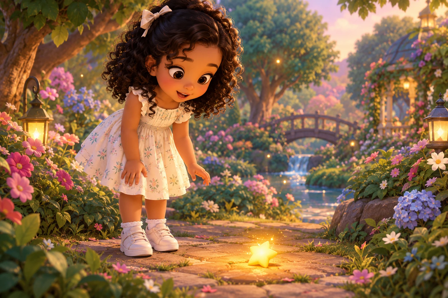 Uma boneca de desenho animado fofa passeia por um jardim encantado e avista uma estrela caída