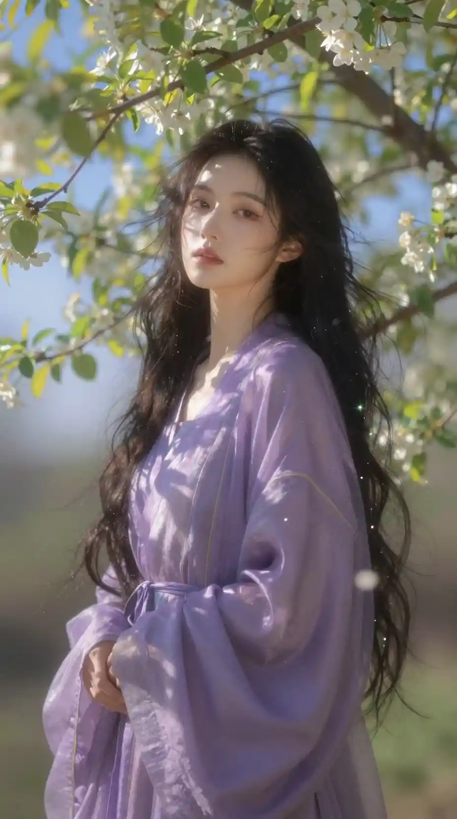 꽃이 핀 봄 가지 아래 보라색 로브를 입은 몽환적인 여성