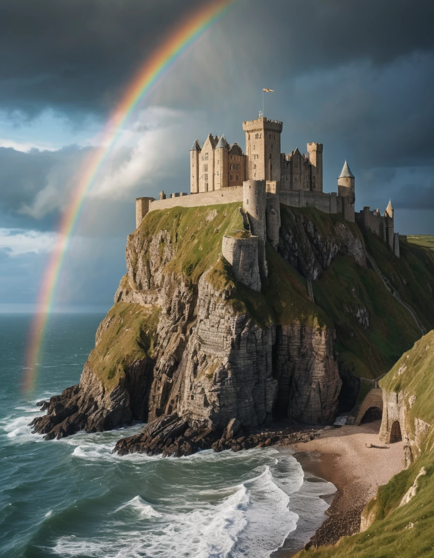Um castelo medieval ergue-se sobre mares revoltos sob um arco-íris brilhante