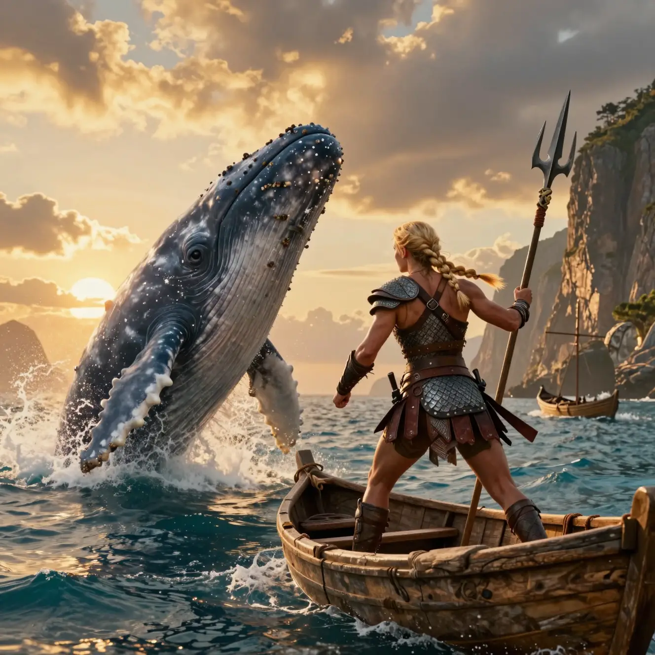 A braided warrior woman faces a breaching sperm whale at sunset