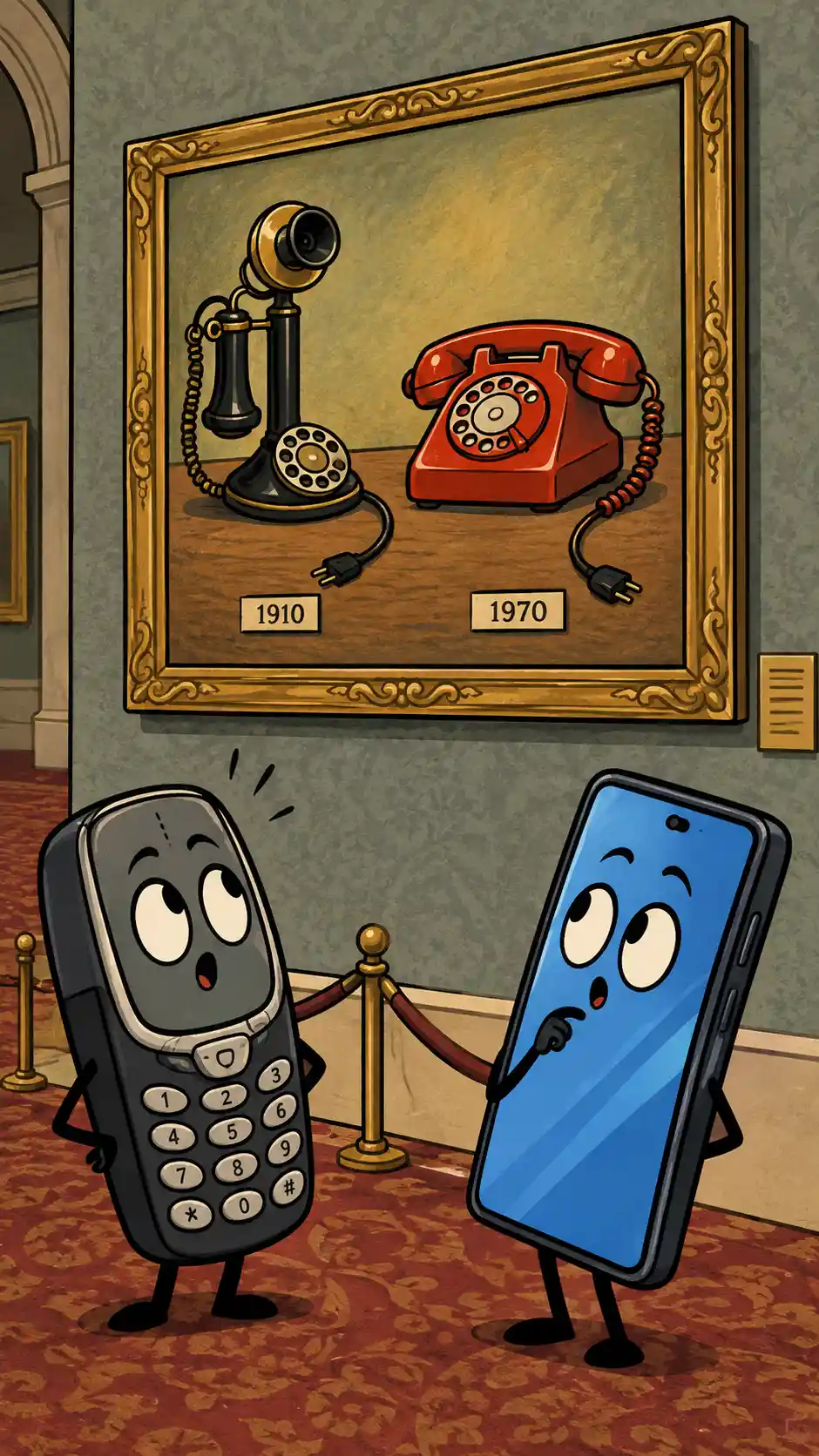 Due telefoni antropomorfi osservano un'opera incorniciata in una sala di museo