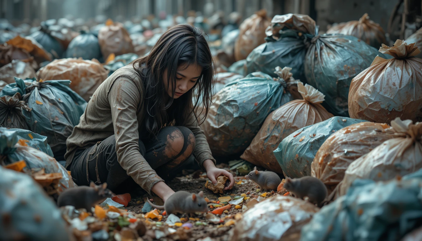 A young woman searches garbage bags for food among discarded waste