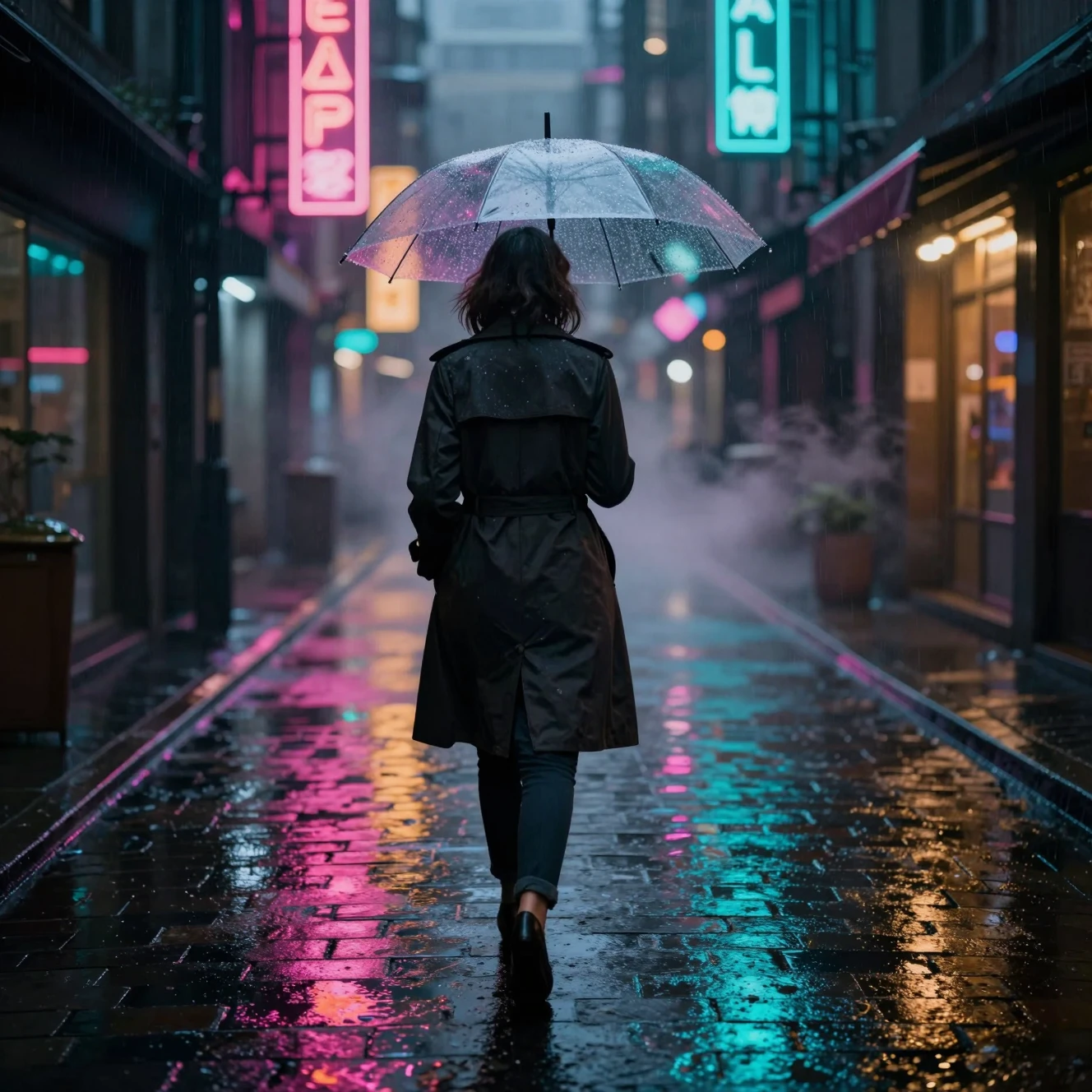 Uma mulher caminha por um beco de néon numa noite chuvosa