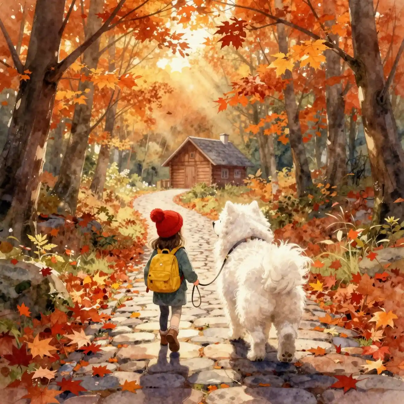 Ein Mädchen und sein flauschiger Hund folgen einem Waldweg im Herbst