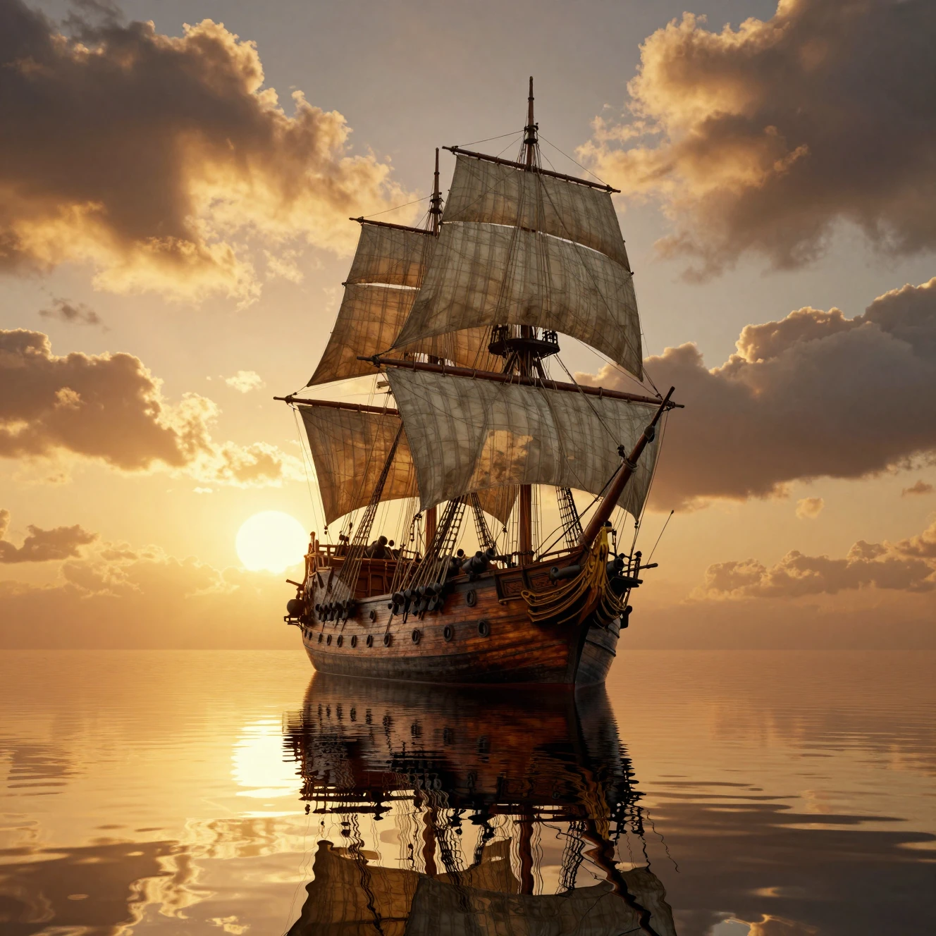 A Tall Sailing Ship Crosses Calm Waters Beneath a Golden Sun
