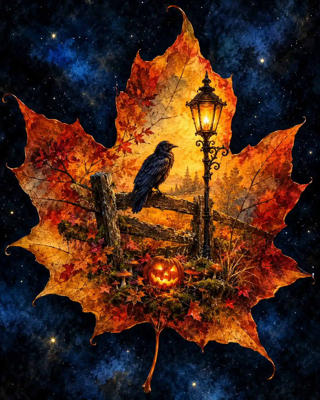 Uma folha de bordo outonal abriga uma encantadora paisagem em miniatura de Halloween