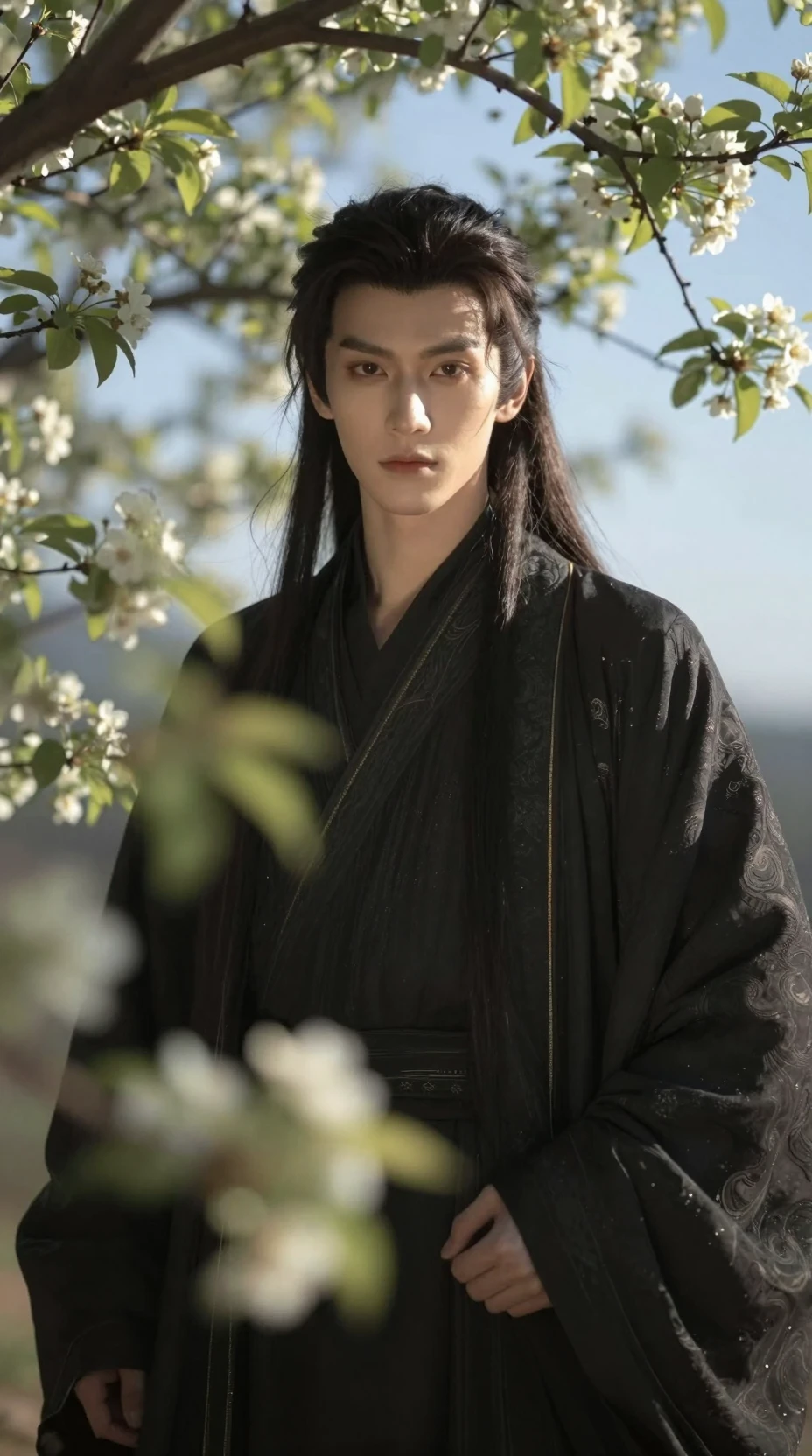 A Wuxia Warrior Stands Beneath Flowering Spring Branches in Golden Light