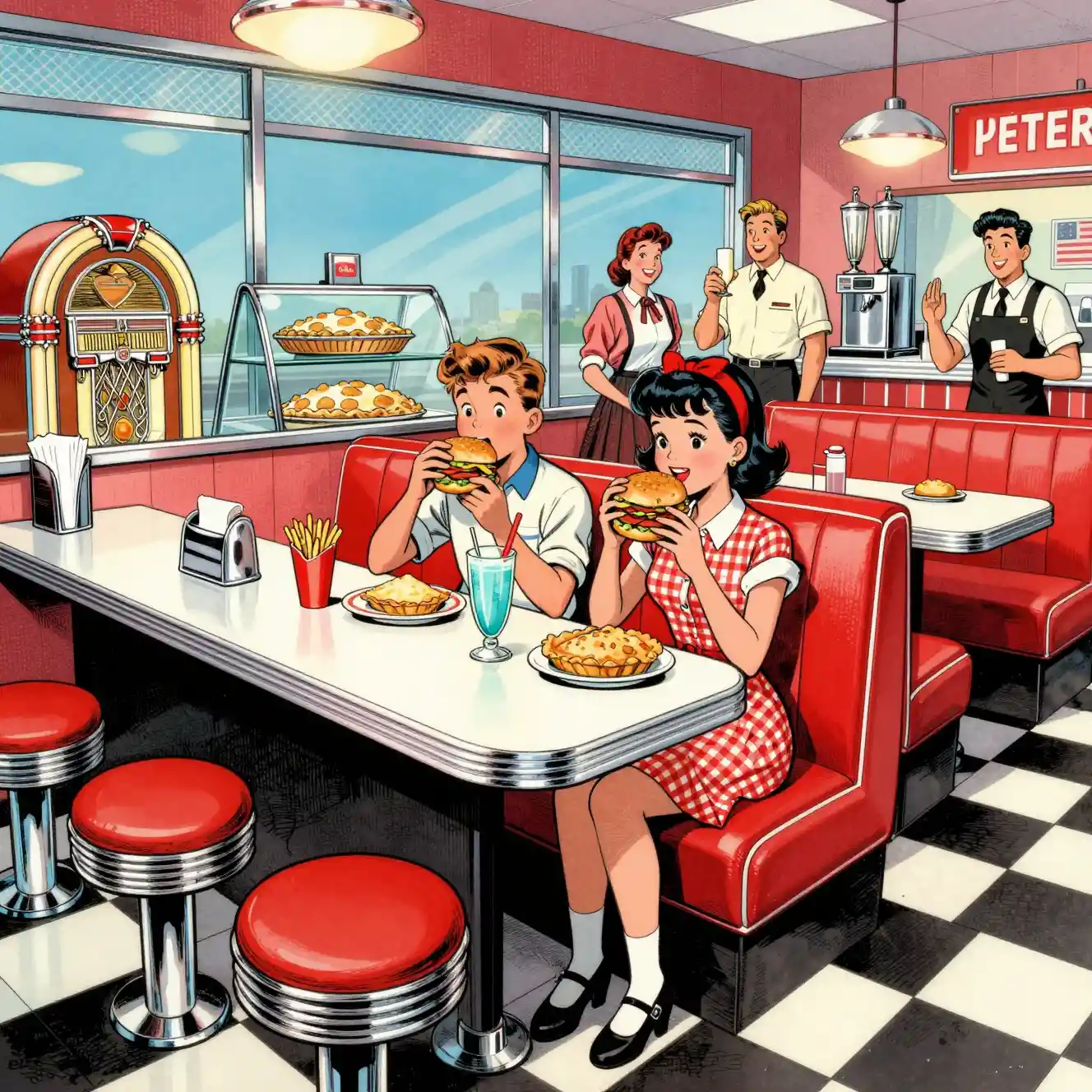1950年代のロードサイドダイナーで、少年と少女が定番の食事を楽しむ