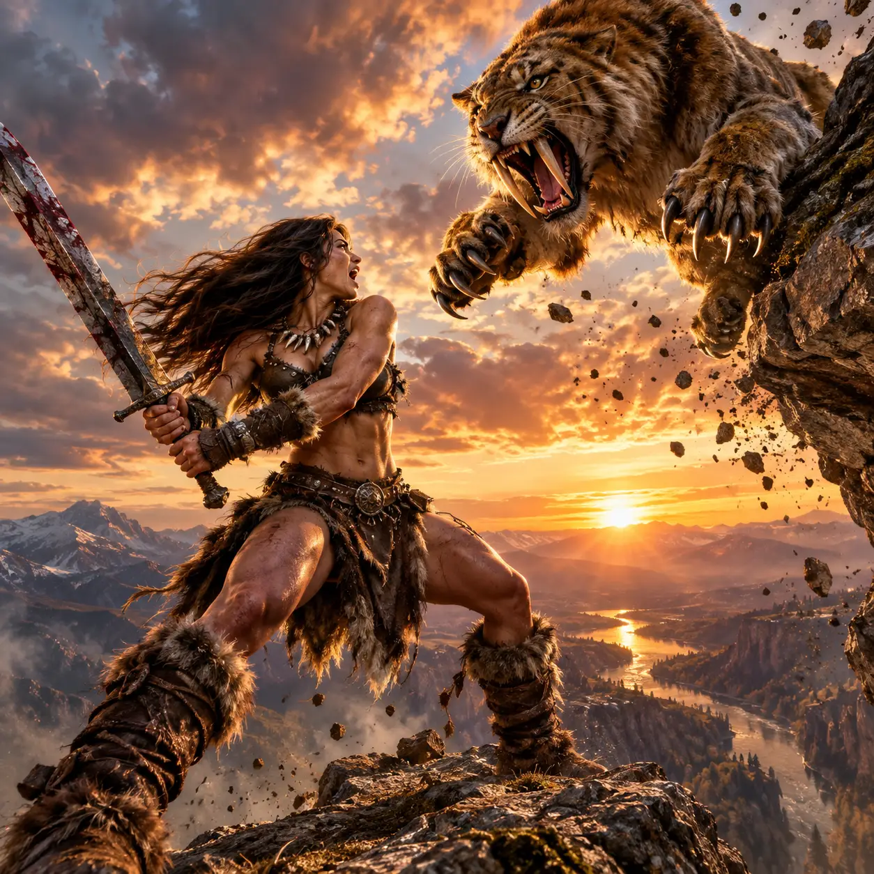 Guerreira bárbara enfrenta um tigre-dentes-de-sabre em um penhasco ao pôr do sol
