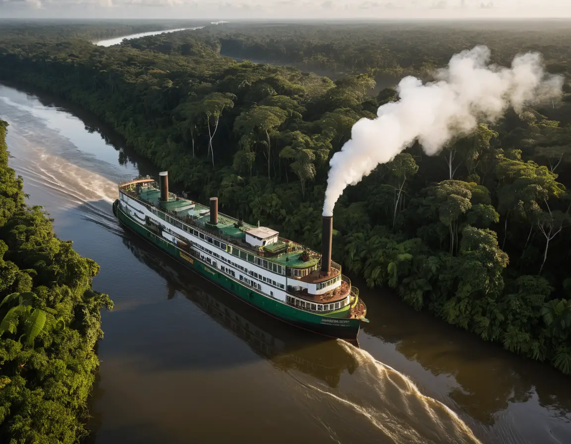 Um barco a vapor atravessa o rio Amazonas e a floresta tropical ao amanhecer
