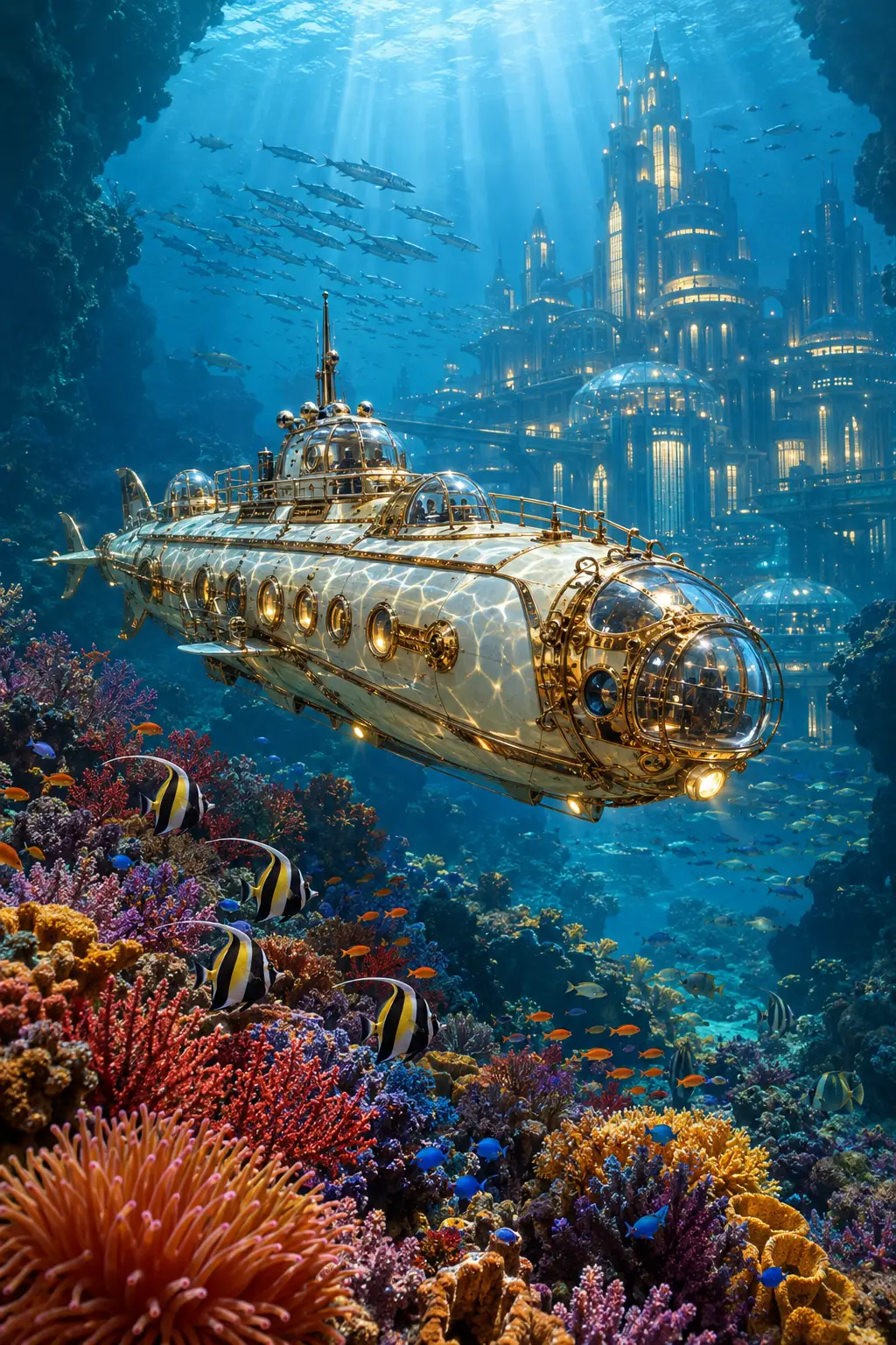 Un sottomarino steampunk riccamente decorato fluttua in una vasta caverna sottomarina