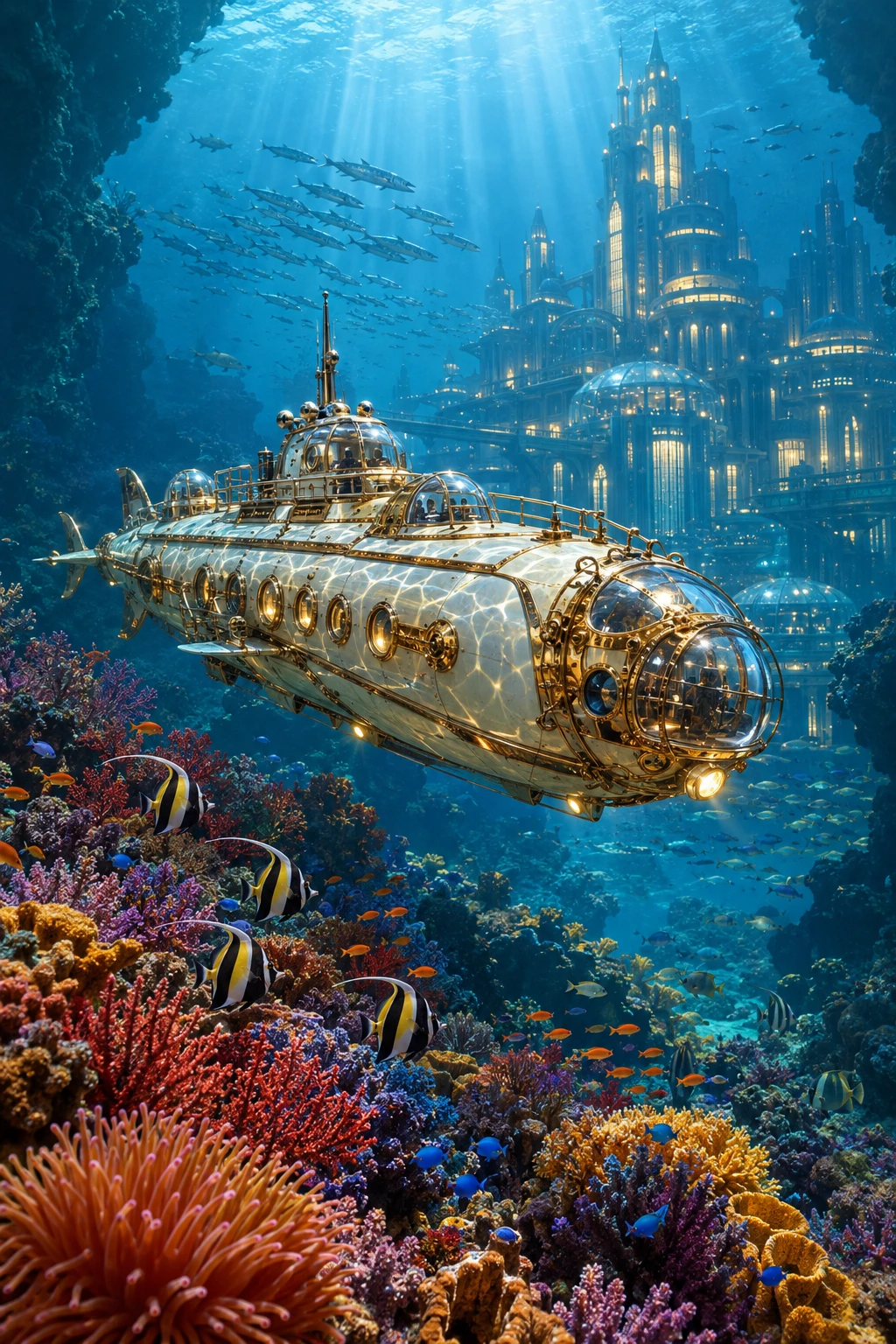 Ein kunstvoll verziertes Steampunk-U-Boot schwebt in einer weitläufigen Unterwasserhöhle