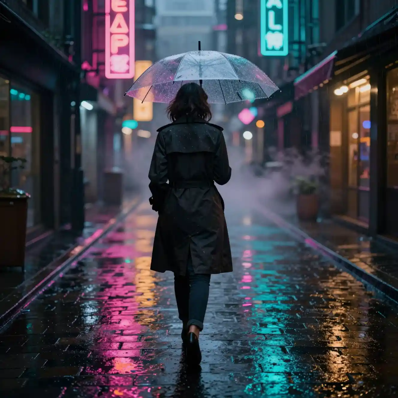 Una mujer camina de noche por un callejón de neón bajo la lluvia