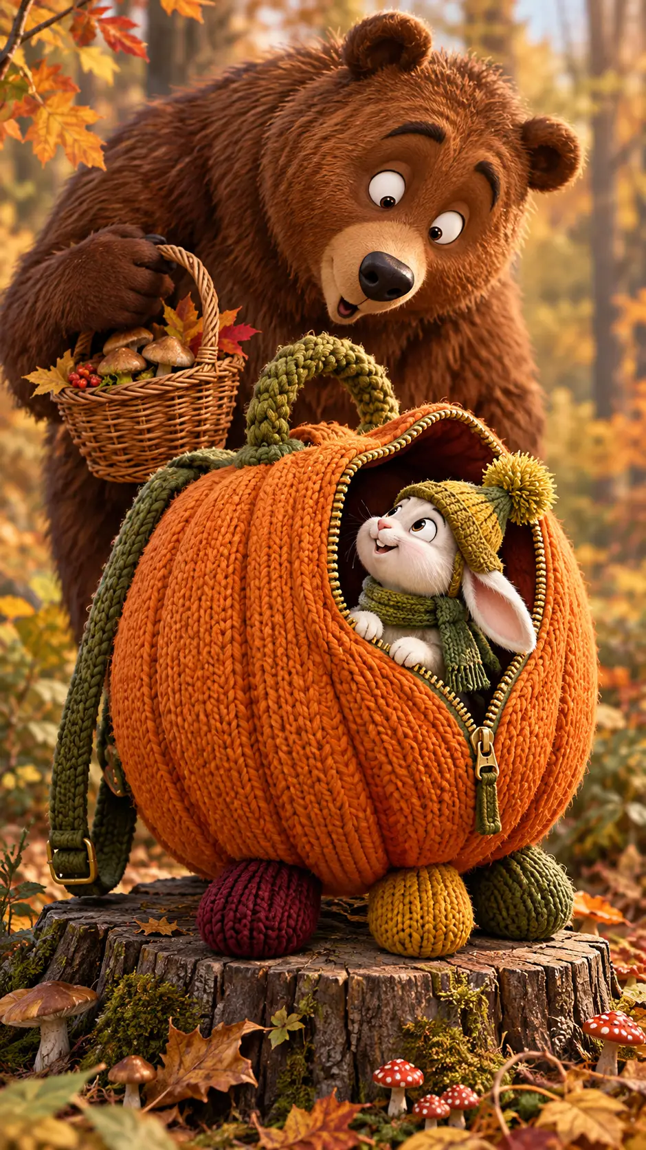A Rabbit Sits Inside a Knitted Pumpkin Backpack as a Bear Looks On