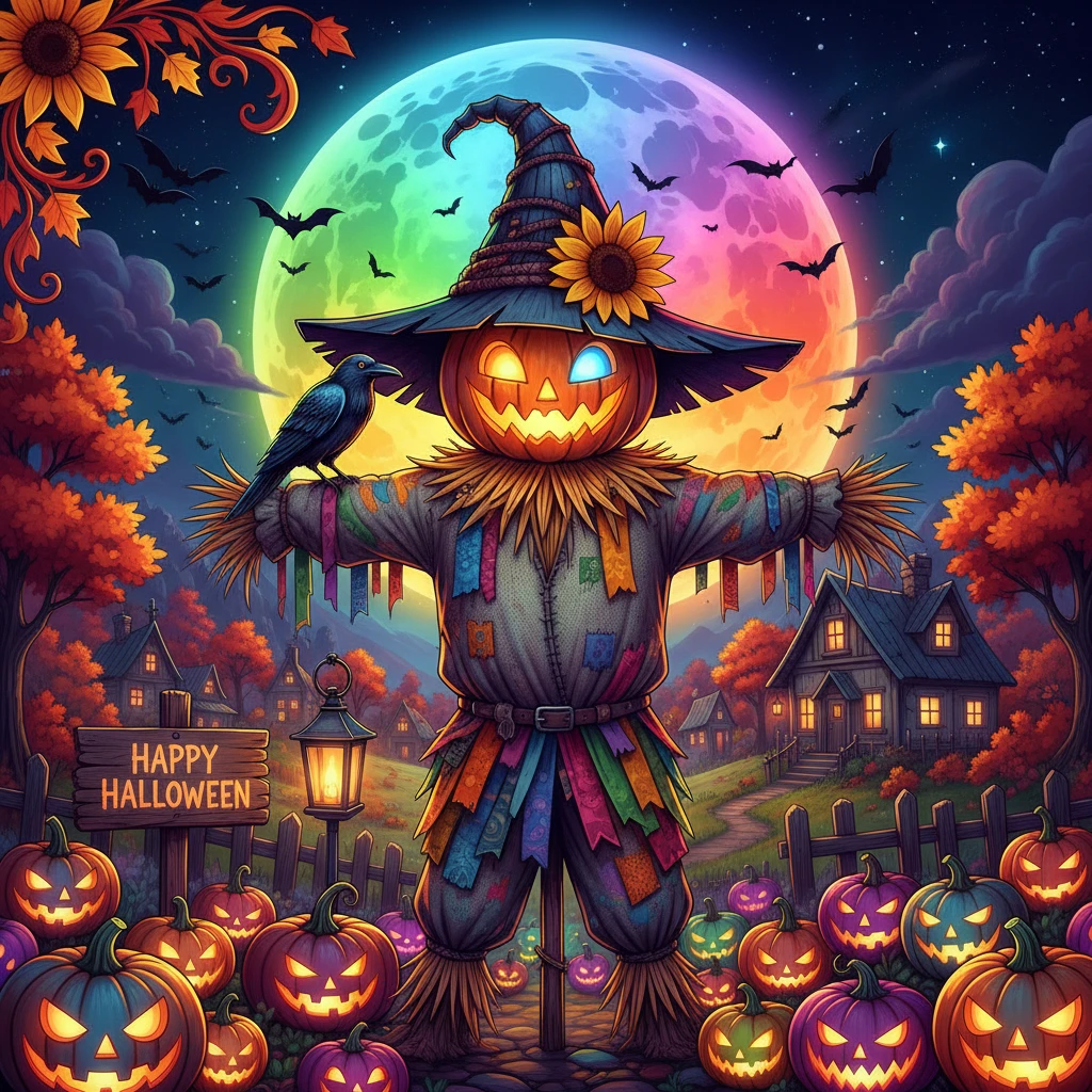 Um espantalho vestido com as cores do arco-íris em uma fantástica noite de Halloween