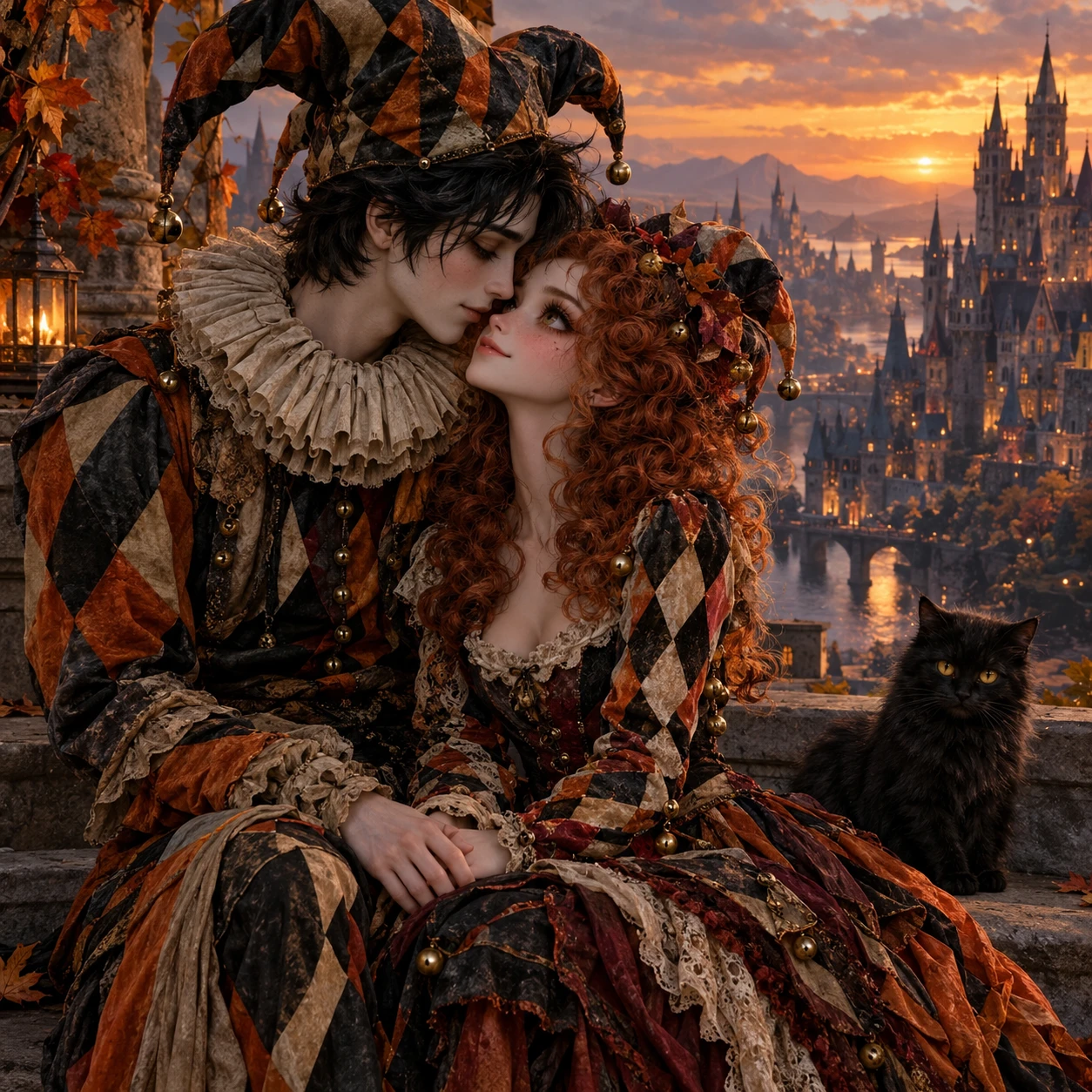 Gothic Jesters Share a Tender Moment on a Medieval Fantasy Terrace