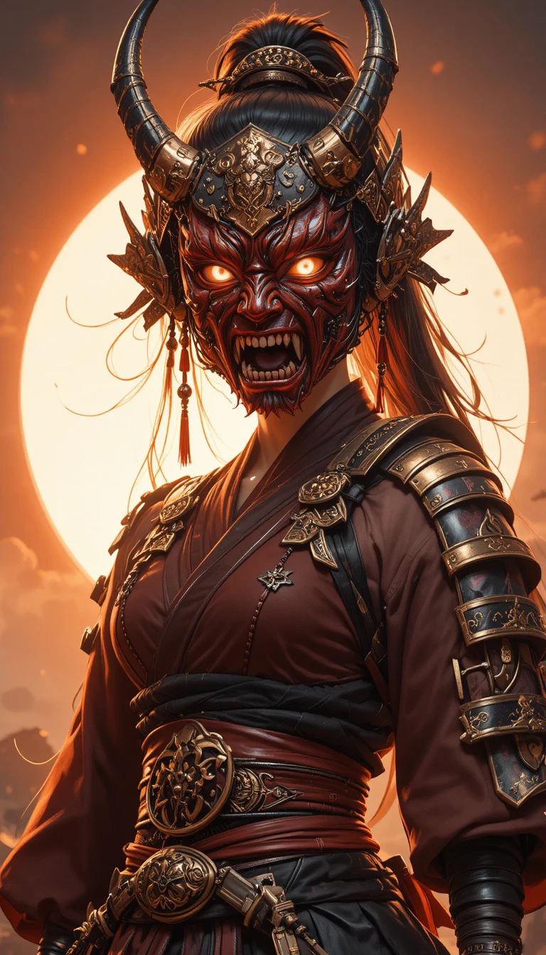 Garota de anime mascarada com uma katana e uma elaborada armadura de samurai