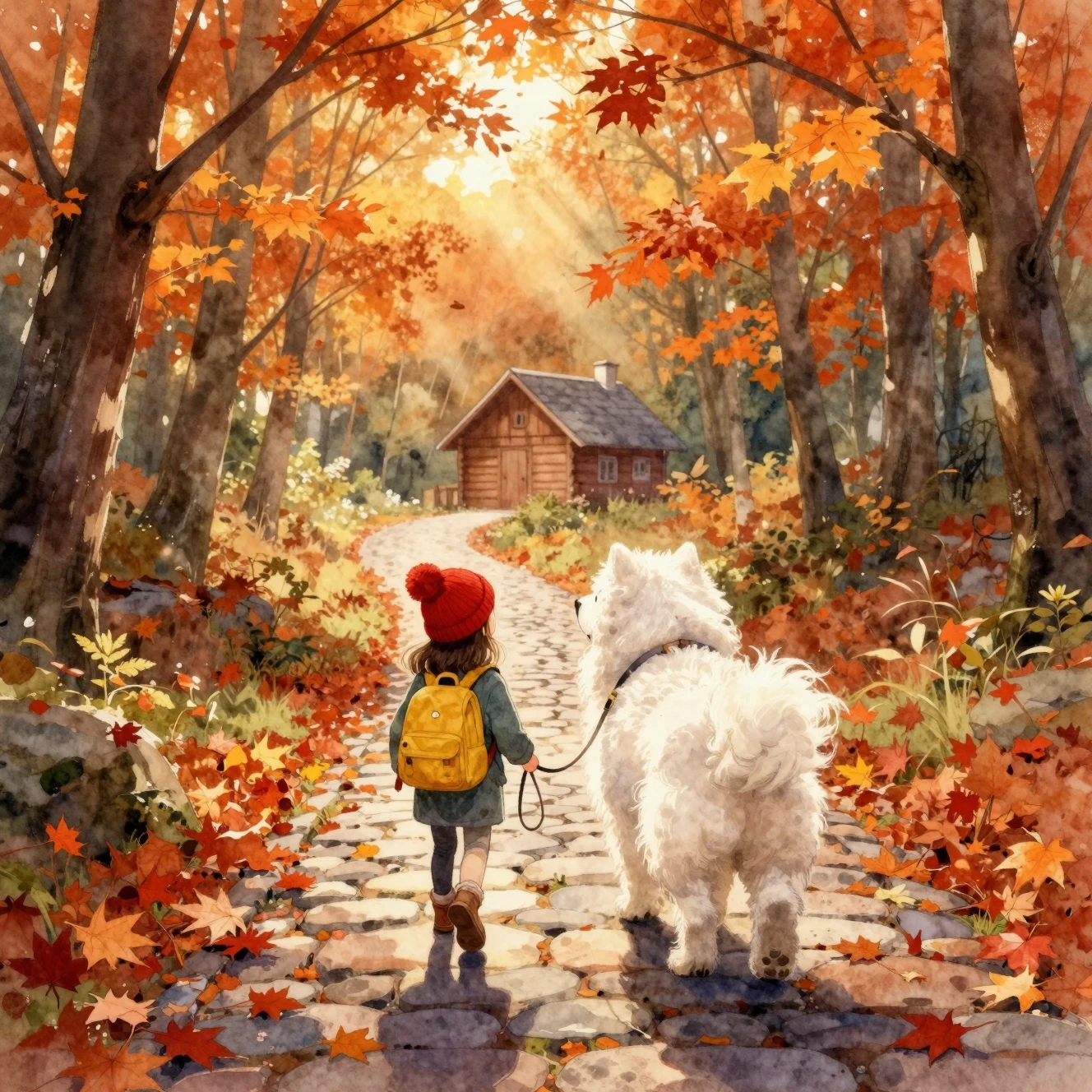 Uma menina e seu cãozinho peludo seguem por uma trilha na floresta no outono