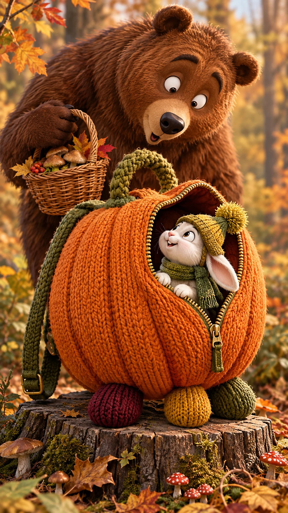 A Rabbit Sits Inside a Knitted Pumpkin Backpack as a Bear Looks On