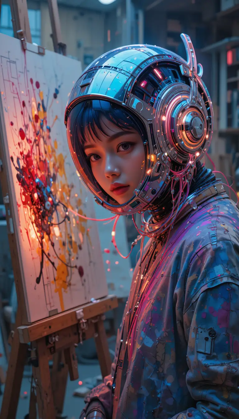 A chrome helmet connects by glowing wires to a self-painting easel