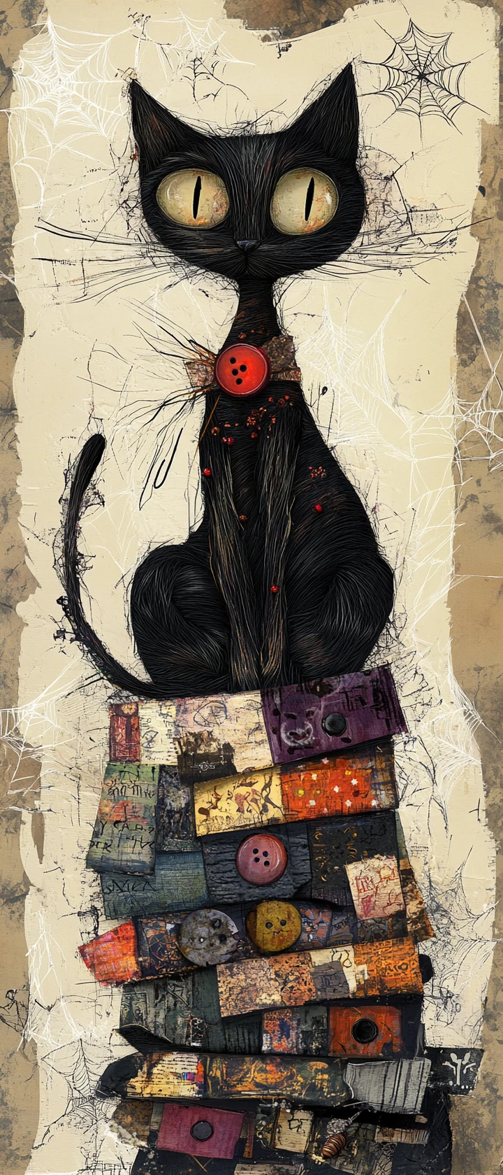 Mischievous black cat sits above a pile of old letters