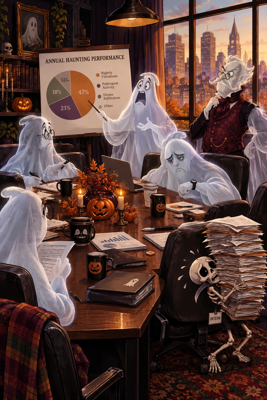 Fantasmas realizam uma reunião corporativa sombria em um escritório de Halloween