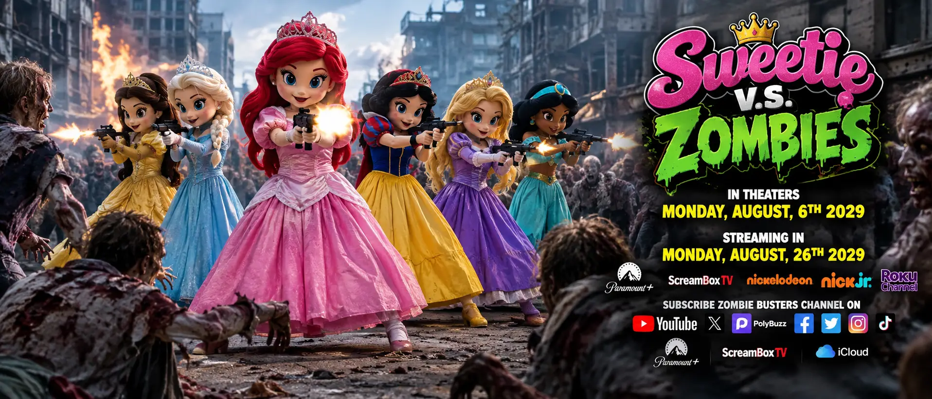 Prinzessinnen-Maskottchen schießen in einer fotorealistischen Szene auf Zombies
