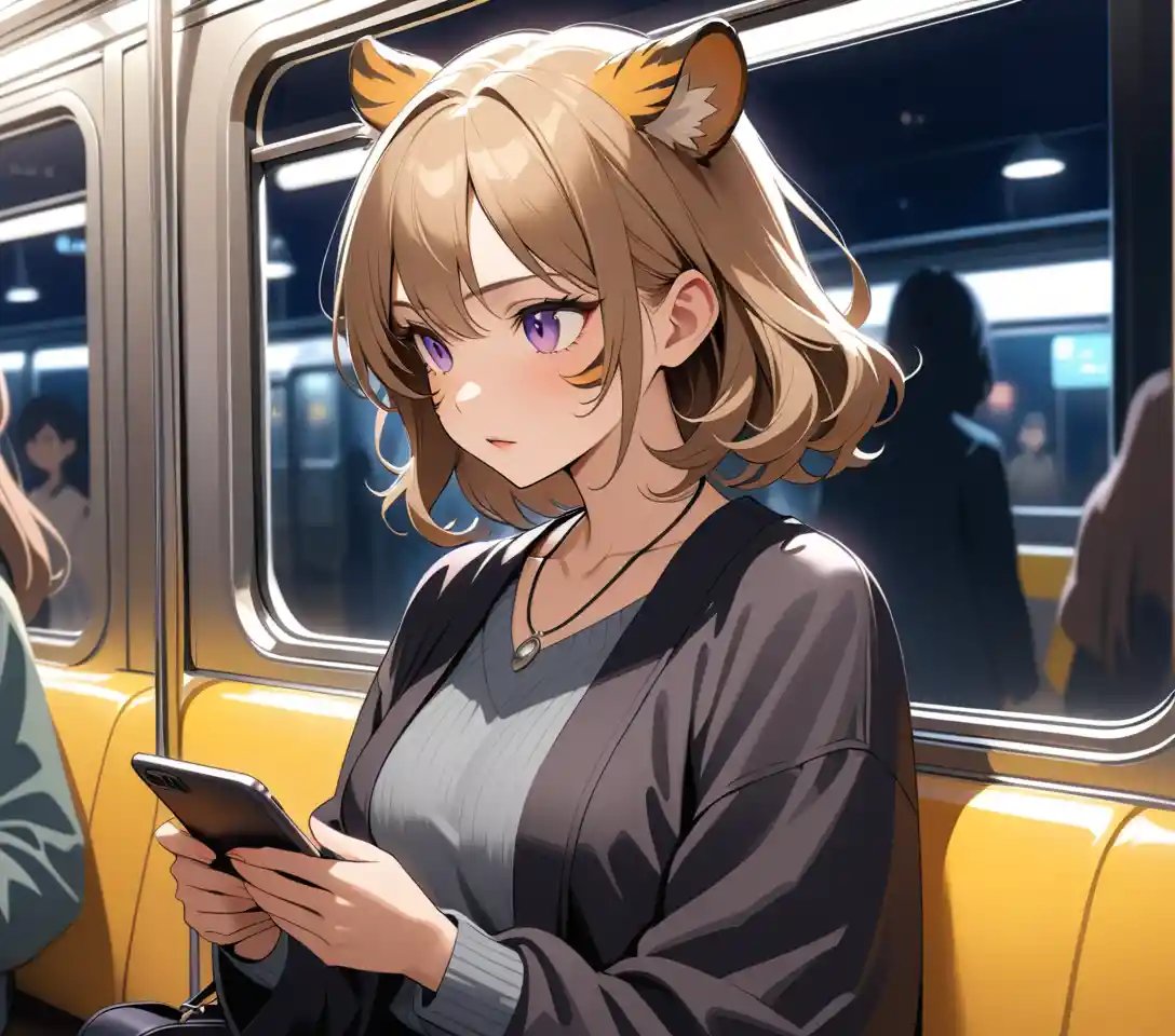 Eine Tigerfrau sitzt nachts gelassen in einer Tokioter U-Bahn