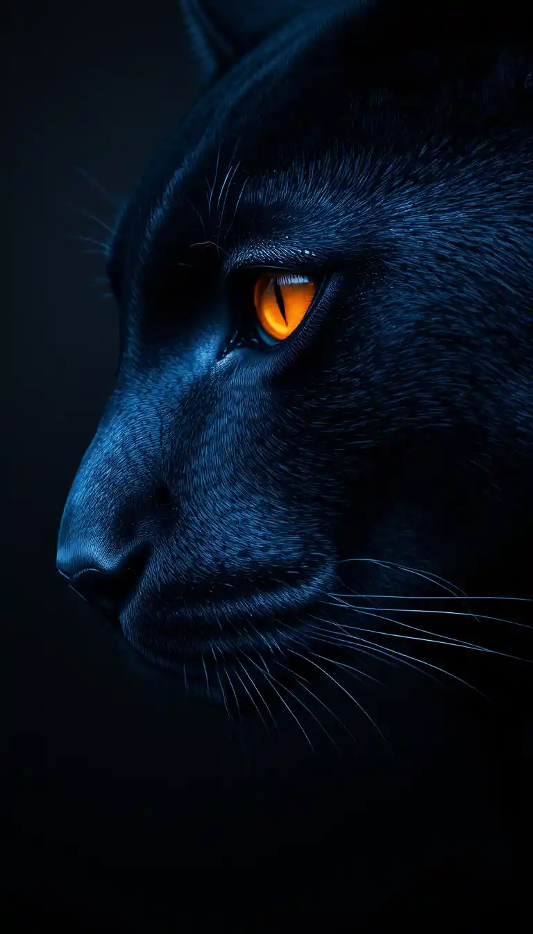 L'œil ambré éclatant d'une panthère noire émerge de son pelage bleu-noir profond