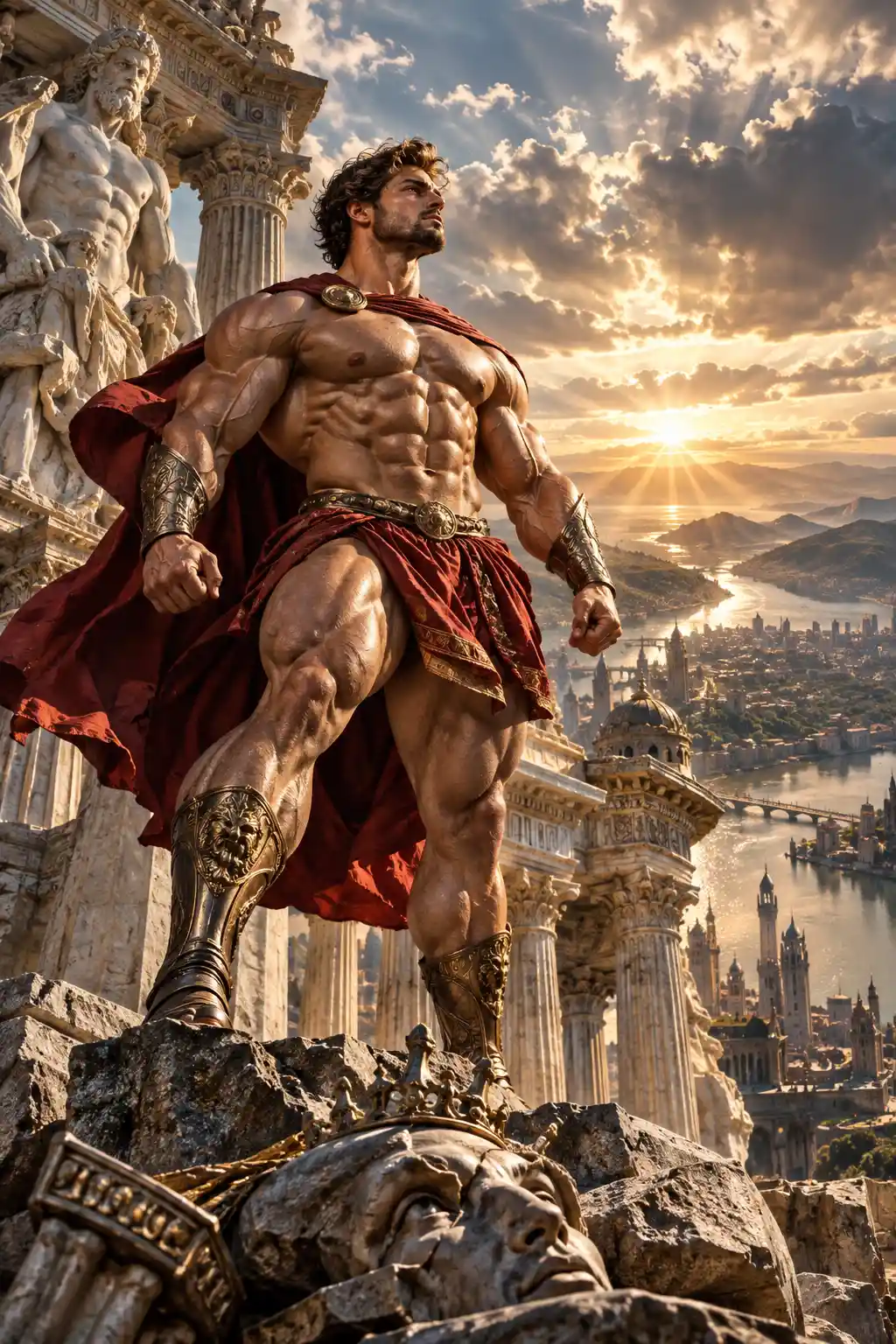 A muscular bodybuilder poses with intensity to conquer the world