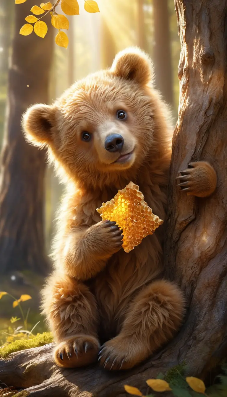 A golden-brown bear cub enjoys honey beneath sunlit forest trees