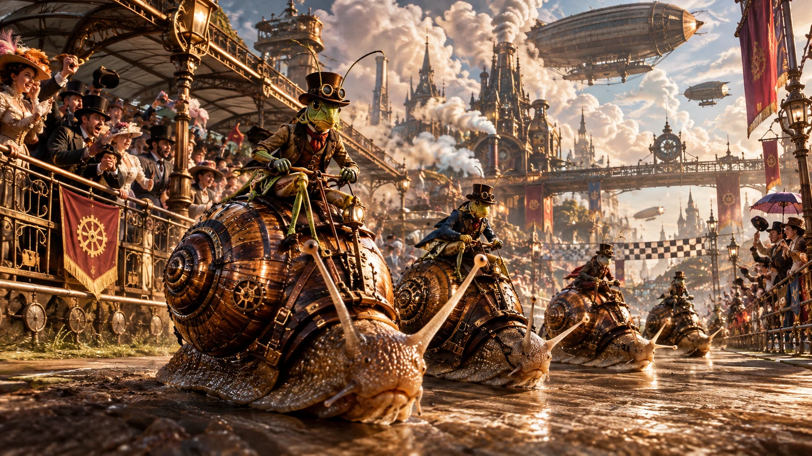 Steampunk snails race outdoors as grasshoppers ride before cheering spectators