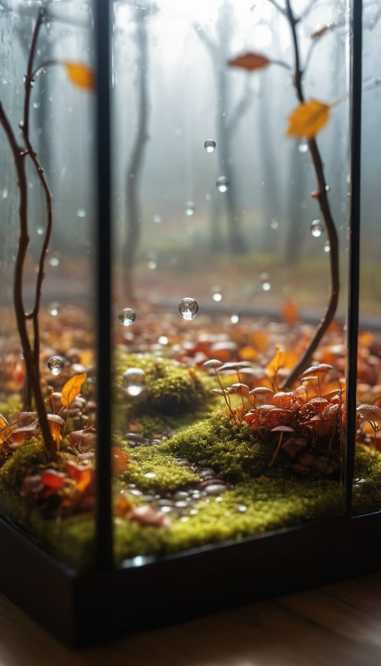 Uma floresta outonal em miniatura repousa dentro de uma redoma de vidro transparente