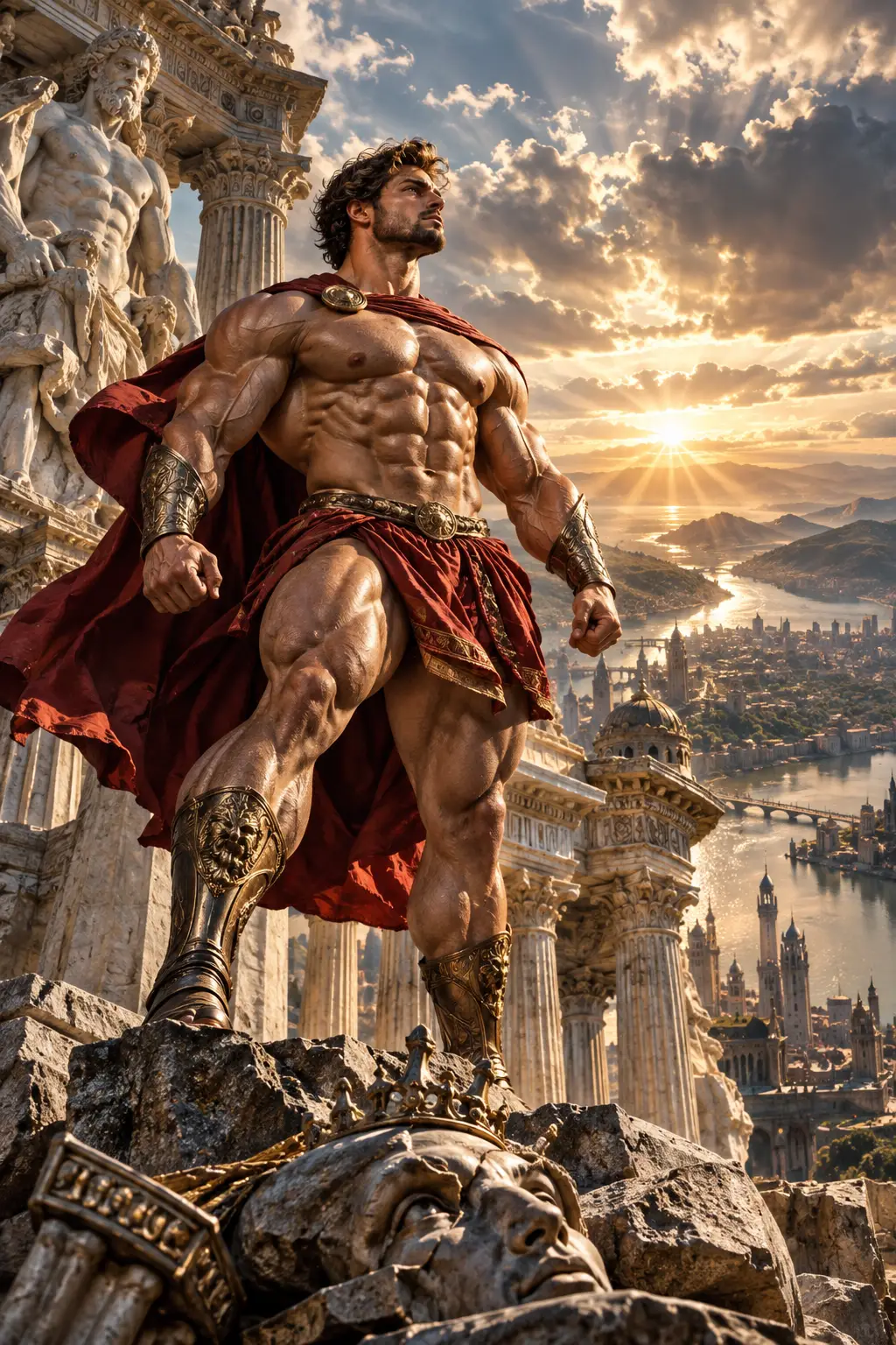 A muscular bodybuilder poses with intensity to conquer the world