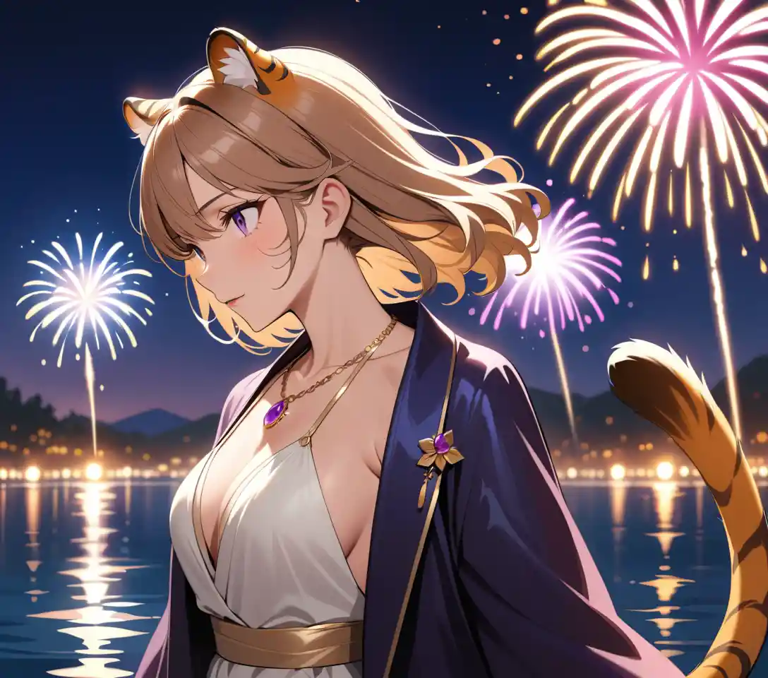 Una donna tigre ammira i fuochi d'artificio di notte sulle rive di un lago tranquillo