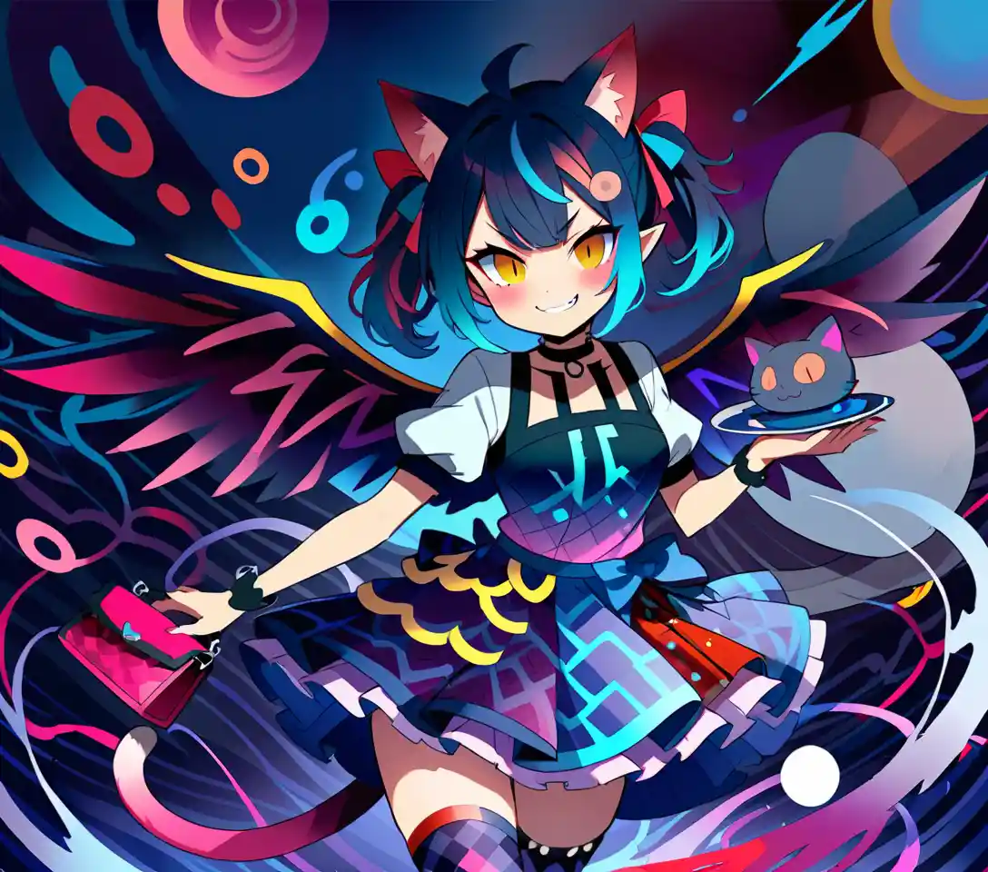 Une fille d’anime au sourire malicieux, avec des cornes de dragon, des ailes et une queue de chat