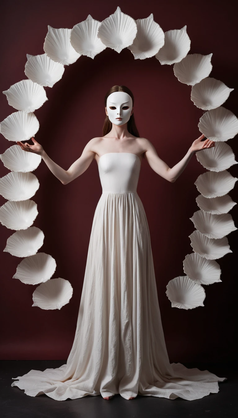 Uma mulher surrealista está entre máscaras dispostas em radiação, diante de um fundo carmesim